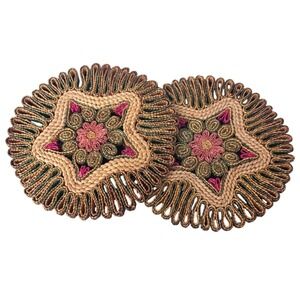 Vintage MCM Woven Straw Trivets Retro Set of 2 Star Floral Boho 7.5"